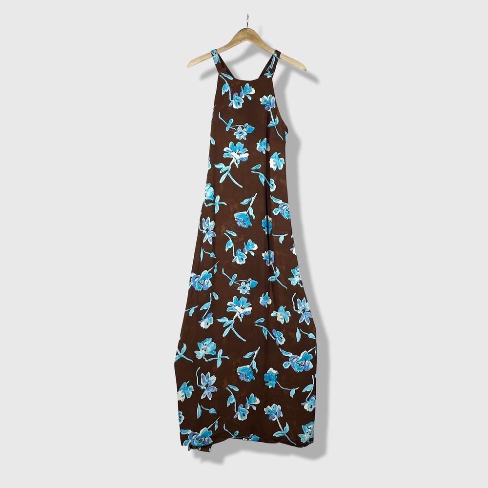 Misty Lane Maxi Dress Womens 14 Brown Blue Floral 90s Vintage Cottagecore Boho